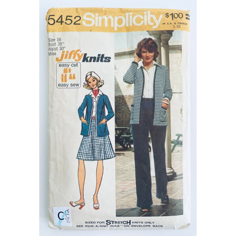 Vtg Knit Cardigan Skirt Pants EASY Sewing Pattern Jiffy Simplicity 5452 Sz16